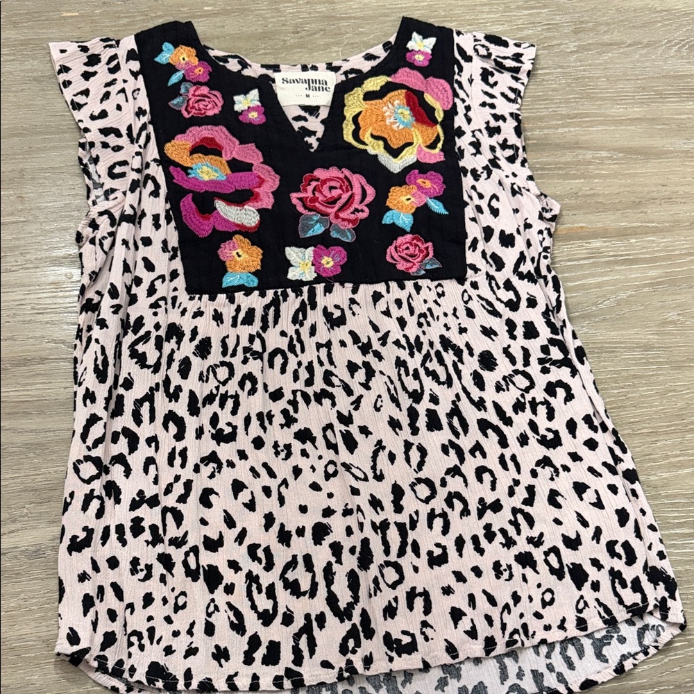 Savanna Jane Pink Leopard Print Top with Colorful Embroidered Yoke